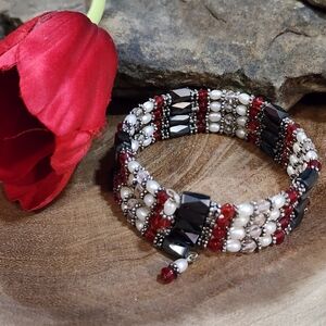 Beaded Hematite Magnetic Wrap Bracelet with Red, Silver-Tone And Faux Pearls